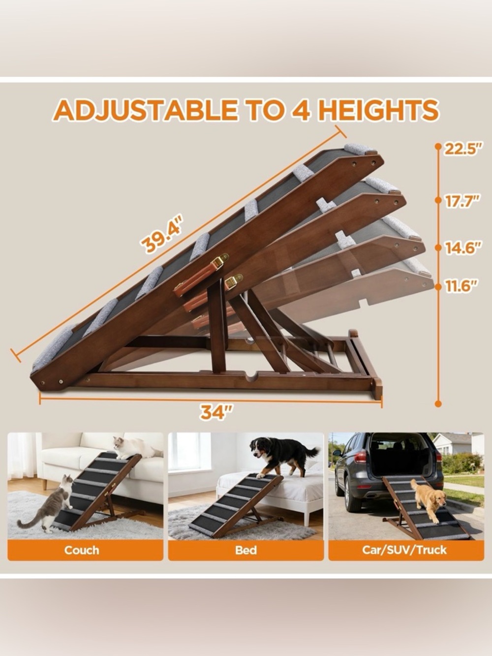 Dog Ramp for Dogs with Eztra Wide Gray Padded Steps - Adjustable - Picture 2 of 15